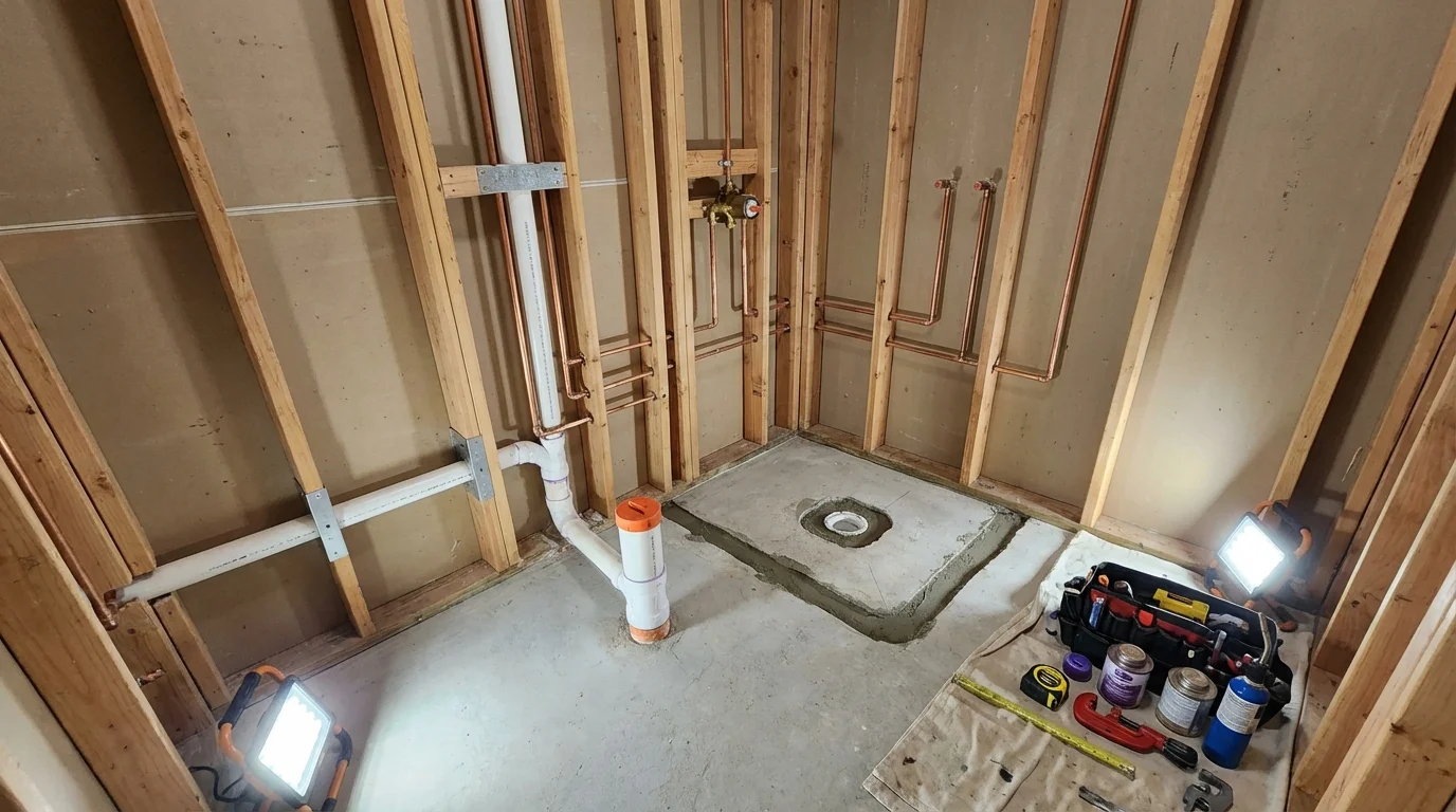 Bathroom rough-in plumbing during remodel by Johns Plumbing LLC in Boaz