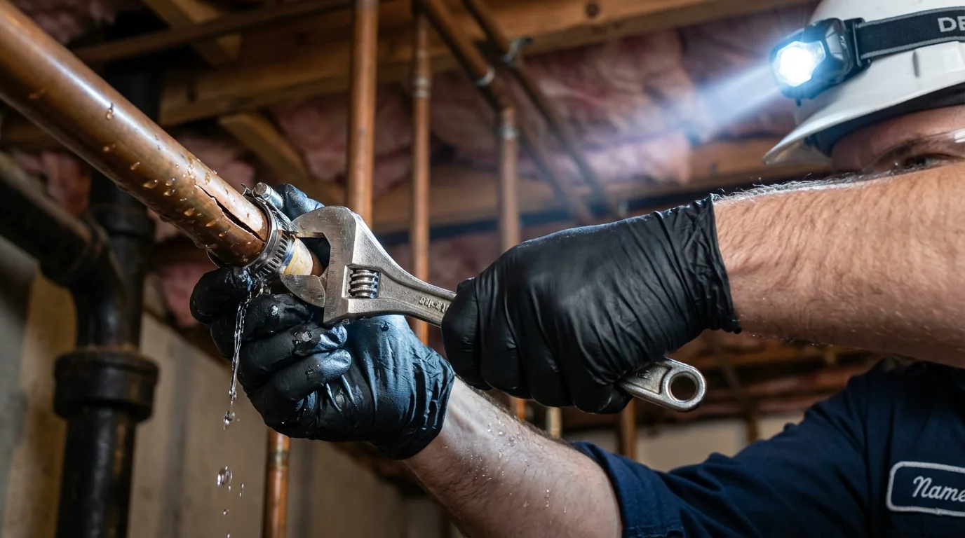 Emergency pipe clamp repair being performed by a Johns Plumbing LLC plumber in Boaz