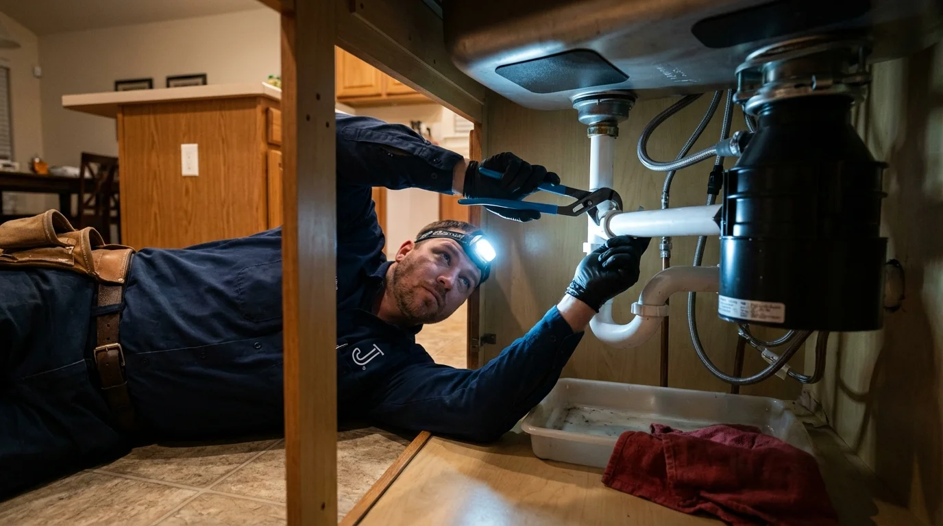P-trap and supply line connections under a kitchen sink showing a common leak point in Boaz, AL